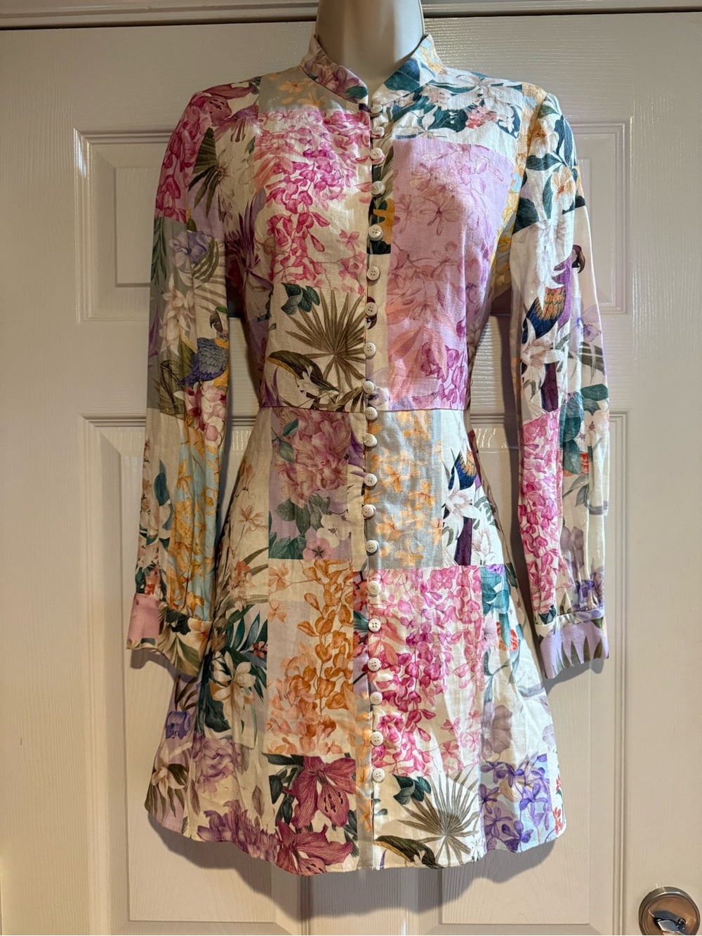 Zara Floral Patchwork Linen Blend Long Sleeve Mini Dress – Size XS